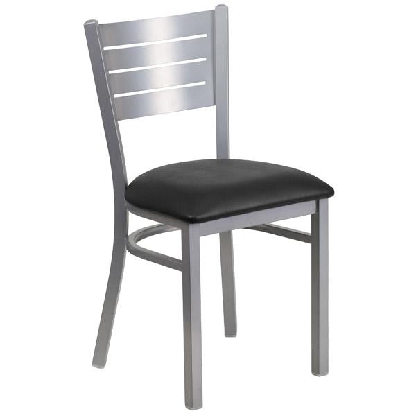 CI-750-BS Cafe/Breakroom Silver Slat Back Metal Chair with Black Vinyl Seat