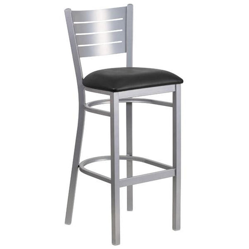 CI-775-BS Cafe/Breakroom Silver Slat Back Metal Bar Stool with Black Vinyl Seat